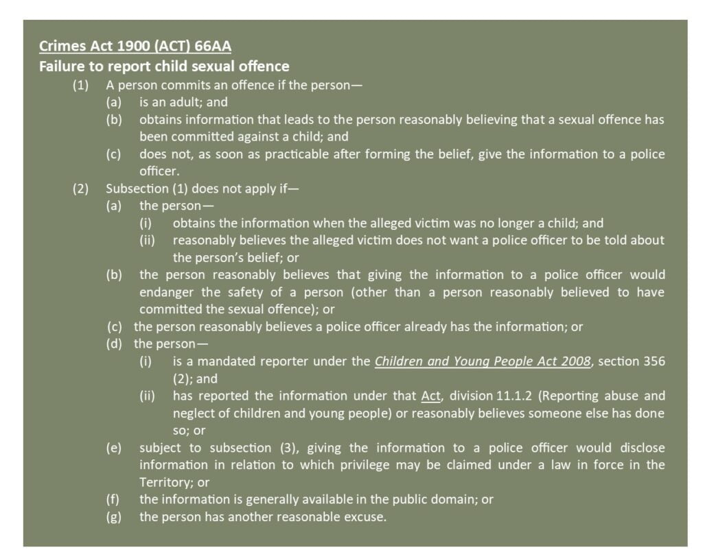 Image of the Crimes Act 1900 ACT 66AA - Failure to report child sexual offence document.